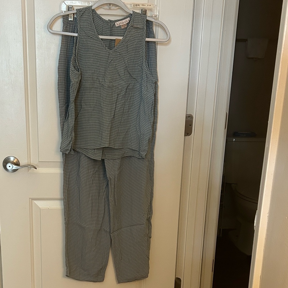 Tank and Pants V-Neck Slate Blue Gingham Two-Piece Set- Karavan